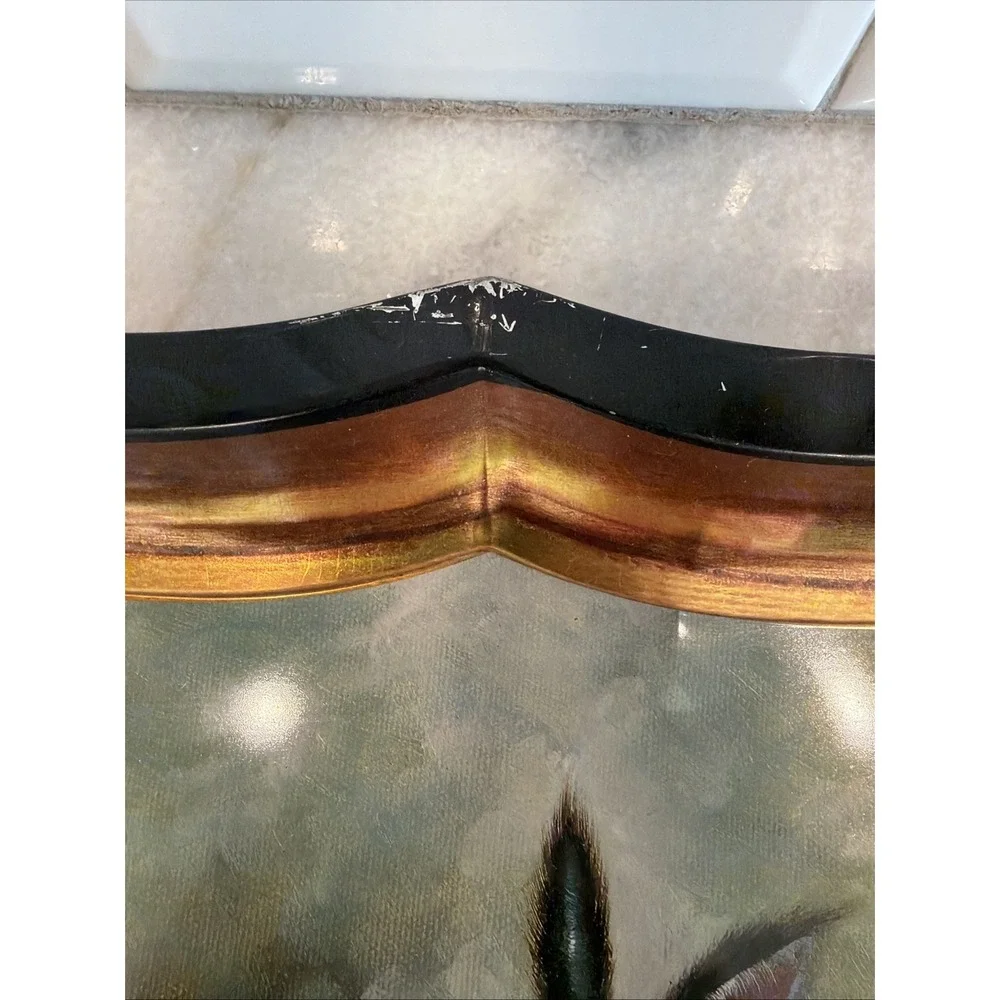 Vintage Tole Tray With Rabbits Garden Science Black With Gold Trim Large 22x18in